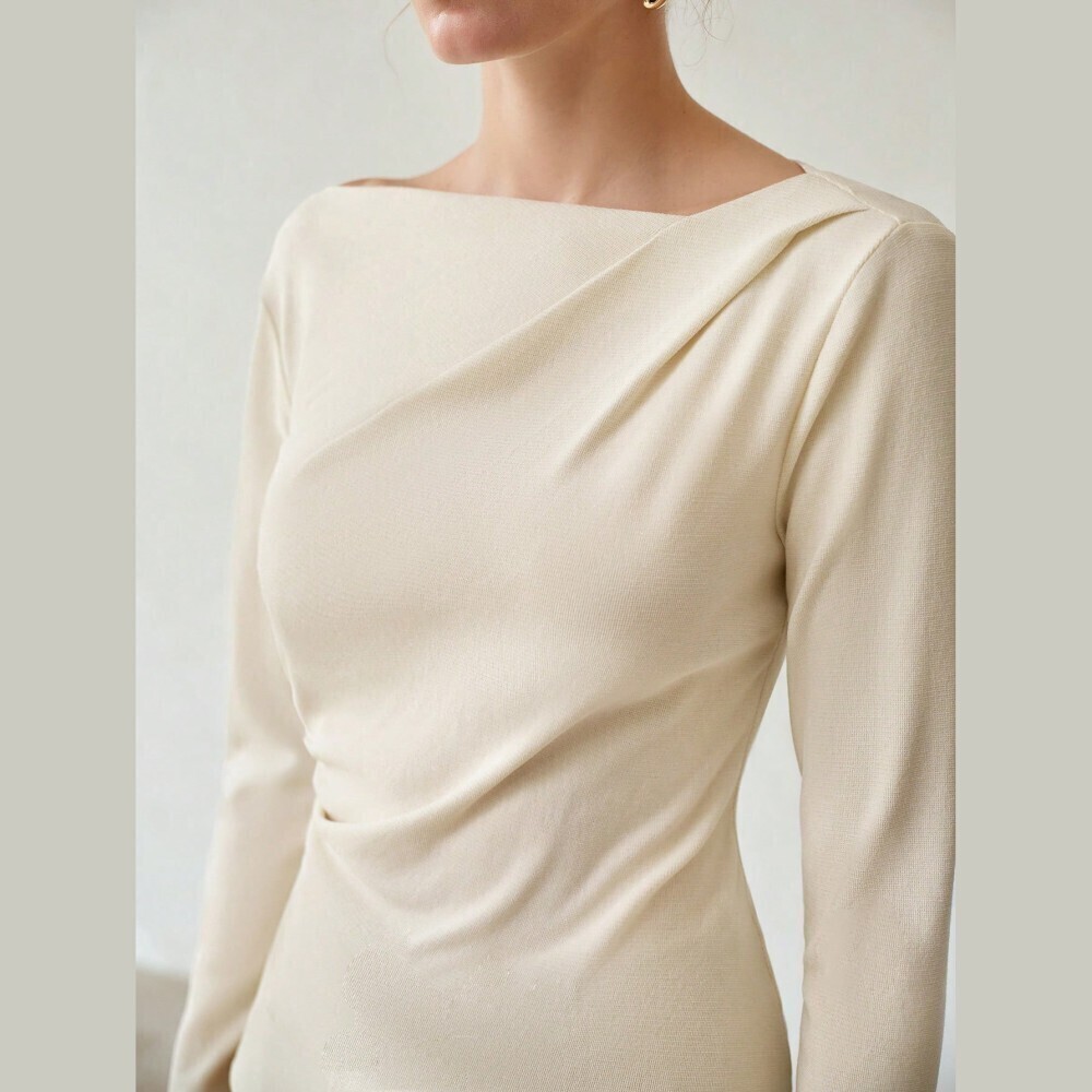 Cream Asymmetric Boat Neck Draped Long Sleeve Slim Fit Tee Top